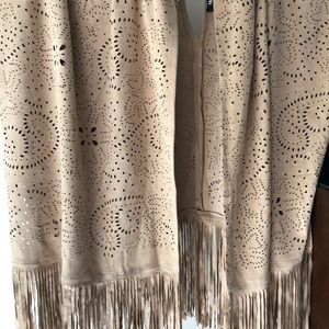Laser cut faux suede leather fringe shawl tan